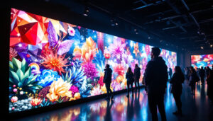 A photograph of a vibrant and engaging interactive digital wall in a public space