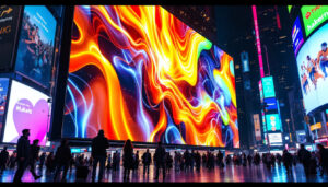 A photograph of a large led display in a vibrant urban setting
