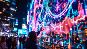 A photograph of a vibrant led display in a dynamic urban setting