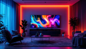 A photograph of a modern media room featuring vibrant led displays in action