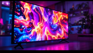 A photograph of a vibrant led display showcasing dynamic visuals