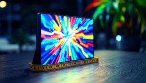 A photograph of a vibrant led display showcasing a 25-inch screen in a dynamic setting