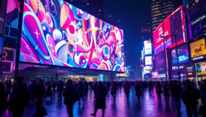 A photograph of a vibrant led display in a bustling urban environment