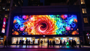 A photograph of capture a photograph of the vibrant led display at rei in portland