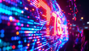 A photograph of a vibrant led display showcasing dynamic colors and patterns