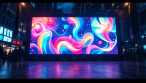 A photograph of a vibrant led display showcasing dynamic artwork in an urban setting