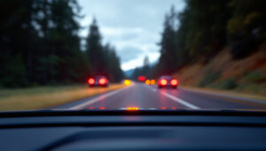 A photograph of a close-up shot of an led display panel from a vehicle dashboard