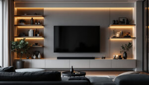 A photograph of a stylishly designed media wall featuring an 85-inch led tv