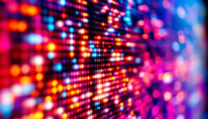 A photograph of a close-up of a vibrant led display showcasing a dynamic image or video