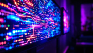 A photograph of a vibrant led display in a dimly lit environment