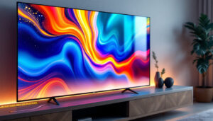 A photograph of a sleek 75-inch led display in a modern living room setting