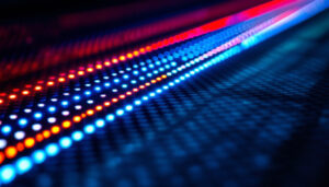 A photograph of a close-up shot of a carbon fiber surface with an integrated led display
