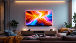 A photograph of a stylish living room featuring a modern led display mounted on the wall