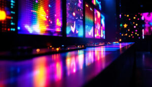 A photograph of a vibrant led display showcasing various foot worship themes