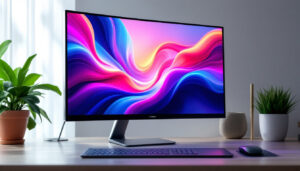 A photograph of a sleek desktop setup featuring a vibrant led display