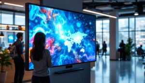 A photograph of a sleek plasma kiosk featuring a vibrant led display in a modern setting