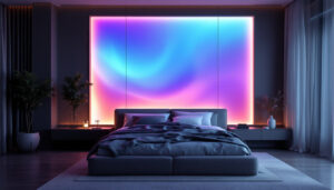 A photograph of a stylish bedroom featuring a striking back wall design with an integrated led display