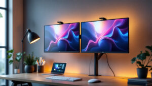 A photograph of a sleek dual computer monitor wall mount setup in a modern workspace