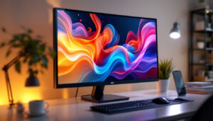 A photograph of a sleek led monitor displaying vibrant colors and sharp images