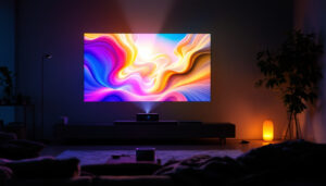 A photograph of a side-by-side comparison of an led projector and an lcd projector in a dimly lit room