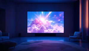 A photograph of a 100-inch projector screen displaying a vibrant led image in a dimly lit room