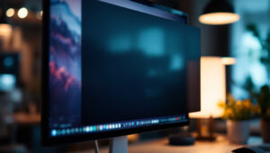 A photograph of a computer monitor equipped with a privacy filter