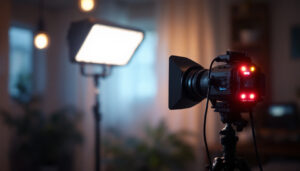 A photograph of a professional video light setup in action