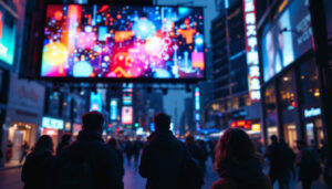 A photograph of a vibrant led display in a bustling urban environment