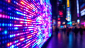 A photograph of a vibrant pixel led display showcasing dynamic visuals