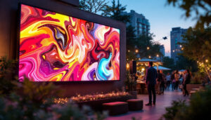 A photograph of a vibrant outdoor setting featuring an led display screen in use