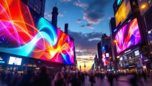 A photograph of a vibrant led display in an urban setting at dusk