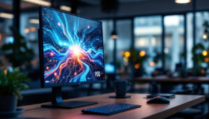 A photograph of a sleek vertical screen monitor displaying vibrant led graphics in a modern workspace setting