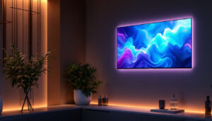 A photograph of a stylish wall hanging cabinet featuring an integrated led display