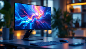 A photograph of a sleek computer monitor mounted on an adjustable table stand