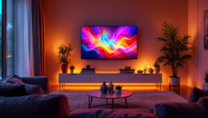 A photograph of capture a photograph of an elegantly arranged living room featuring a modern tv with interactive led lights illuminating the space