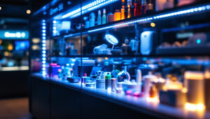 A photograph of a well-lit led display case showcasing various products