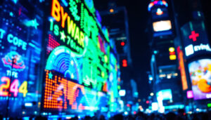 A photograph of a vibrant led display in action