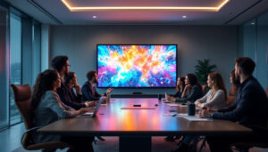 A photograph of a modern boardroom featuring a large led display in action