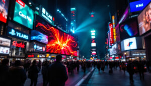 A photograph of a vibrant led display in a bustling urban environment at night