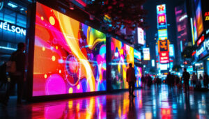 A photograph of a vibrant and dynamic led display in an urban setting