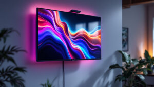 A photograph of a sleek led monitor mounted on a wall in a modern workspace