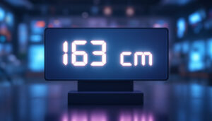 A photograph of a stylish led display showcasing the conversion of 163 cm to feet and inches