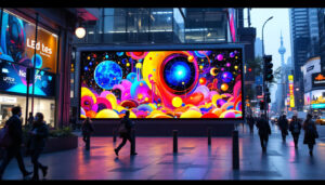 A photograph of a vibrant led display in a bustling urban environment