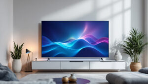 A photograph of a sleek 38-inch led tv displayed in a modern living room setting