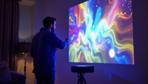 A photograph of a person setting up an led projector in a dimly lit room