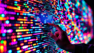 A photograph of a close-up of an led display showcasing vibrant colors and intricate pixel details