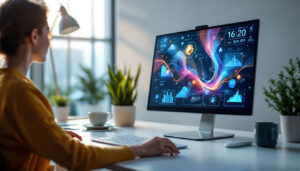 A photograph of a sleek 24-inch touch panel led display showcasing vibrant