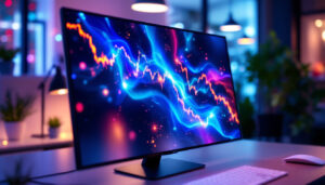 A photograph of a modern workspace featuring a sleek led display prominently showcasing vibrant graphics or data