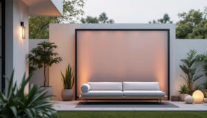 A photograph of a stylish outdoor privacy panel screen featuring an integrated led display