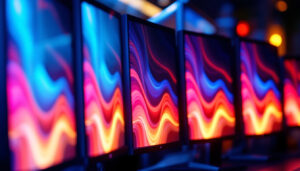 A photograph of a close-up view of a variety of led monitors displayed side by side